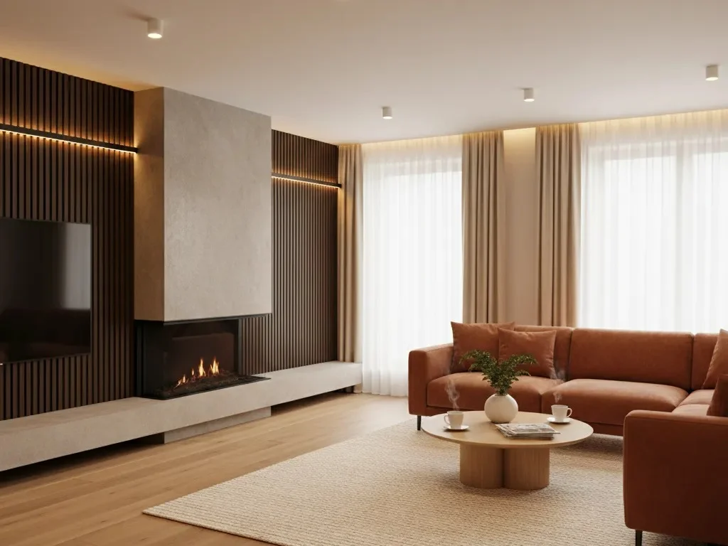 Wohnzimmer mit Holzlamellenwand, Kamin, Vorhängen und Sofa (KI-generierte Visualisierung)